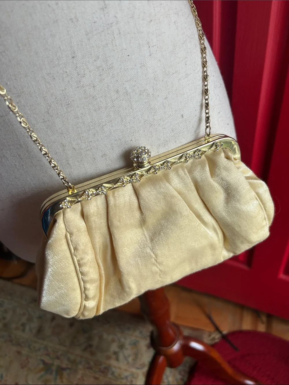 Elegant Cream Satin Evening Clutch with Gold Hardware